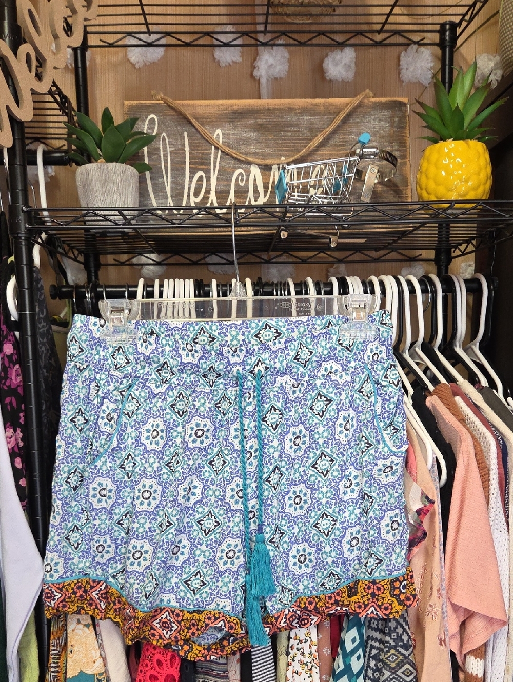 Anthropologie Turquoise Blue Printed Tassel Drawstring Shorts